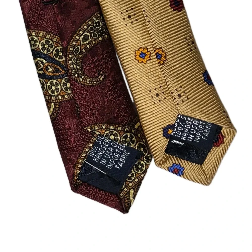 Lands' End Silk Ties Lot Of 2 Burgundy Paisley Yellow Blue Floral Workwear 60